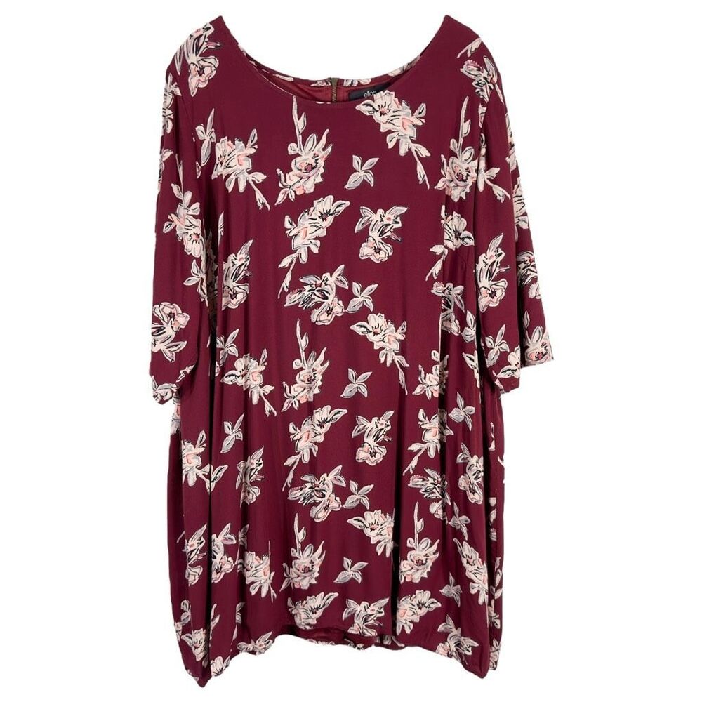 Ellos Plus Sizeโ 22 Dress Shift Maroon Floral Shift Mini Lined Back Zip 1514
